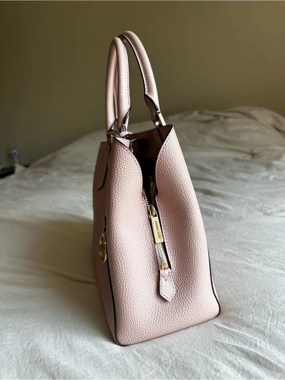 Michael Kors Light Pink Pebbled Leather Satchel with Gold Charm